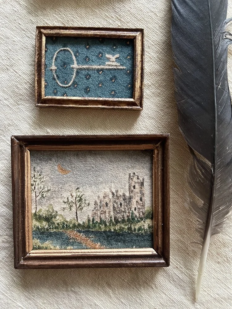 mini skeleton key and medieval castle ruins paintings by Phoebe Stout for Talufane