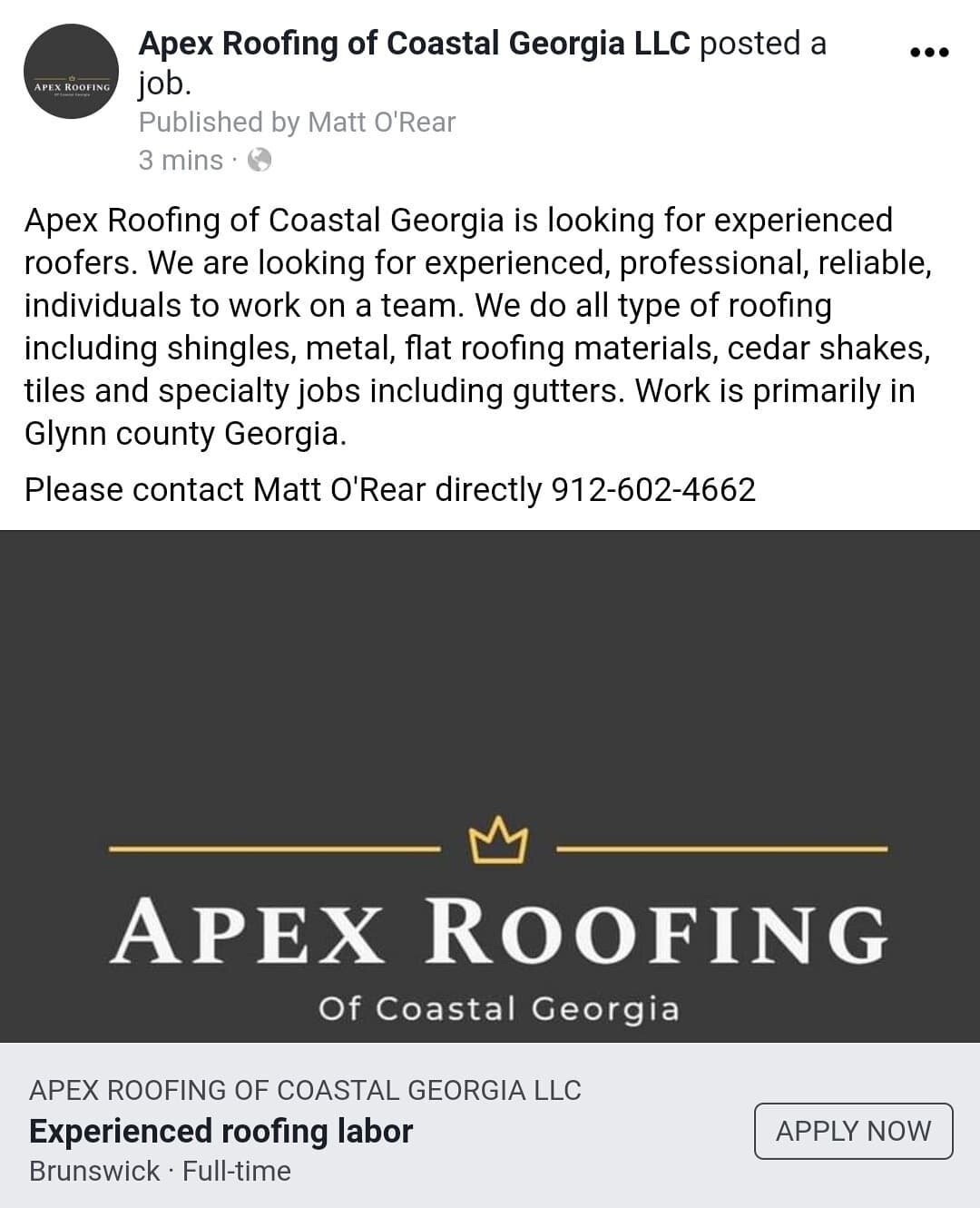 We are hiring for experienced roofing laborers. Please call Matt 912-602-4662
