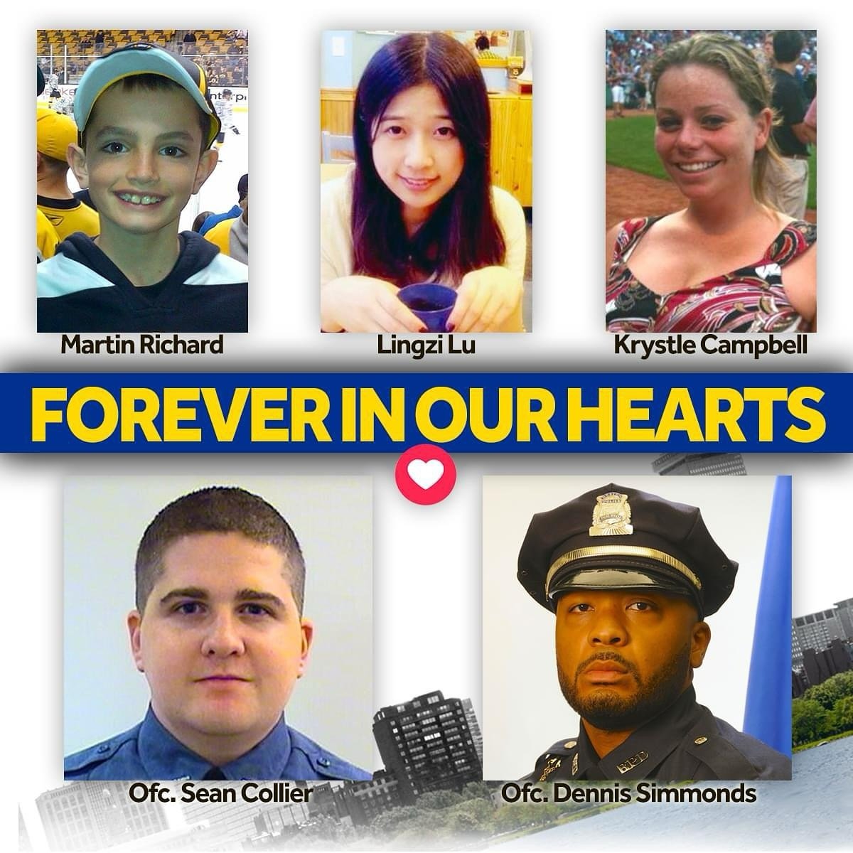 11 years ago the unthinkable happened, but since then, our community has proven resilient beyond measure. We are #BostonStrong. 

We will never forget Martin Richard, Lingzi Lu, Krystle Campbell, Dennis Simmonds, and Sean Collier, who was from Wilmin