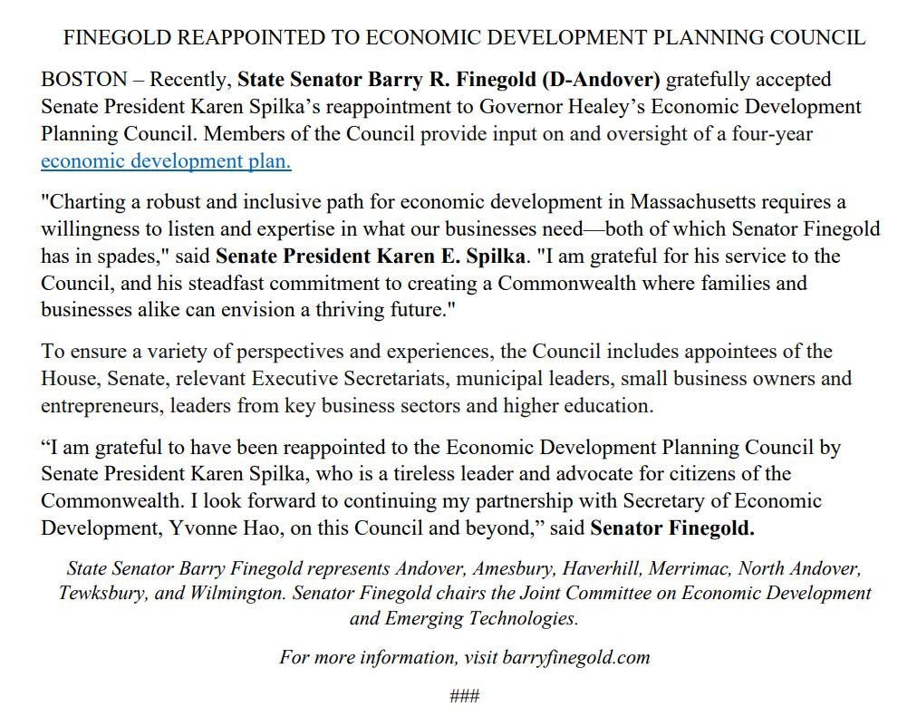 Grateful to have been reappointed by @senspilka to the Economic Development Planning Council!