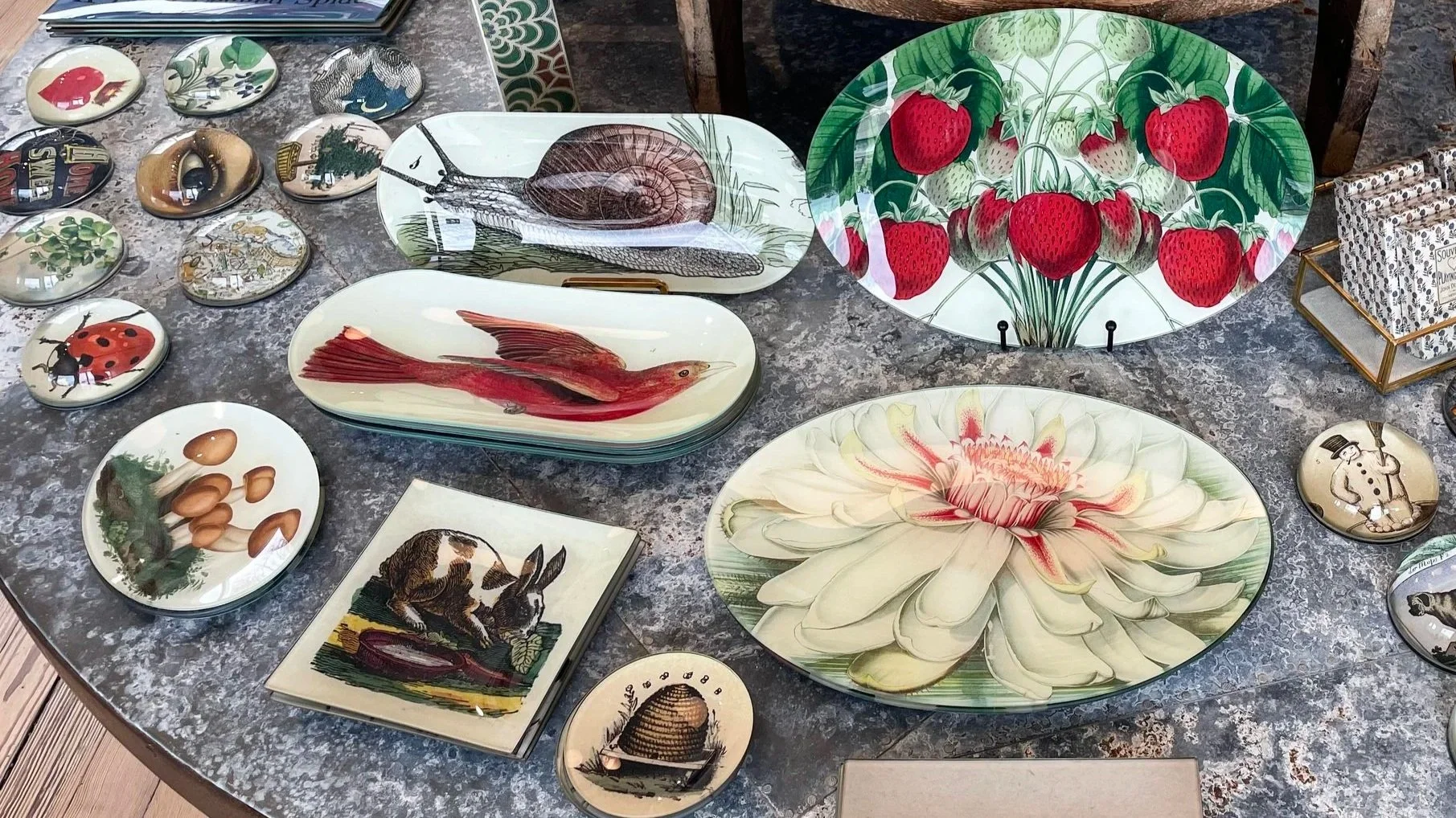 John Derian’s signature decoupage pieces—trays and paperweights made from carefully sourced vintage imagery, layered and sealed by hand. Lakeside Goods is one of few, global John Derian retailers.
