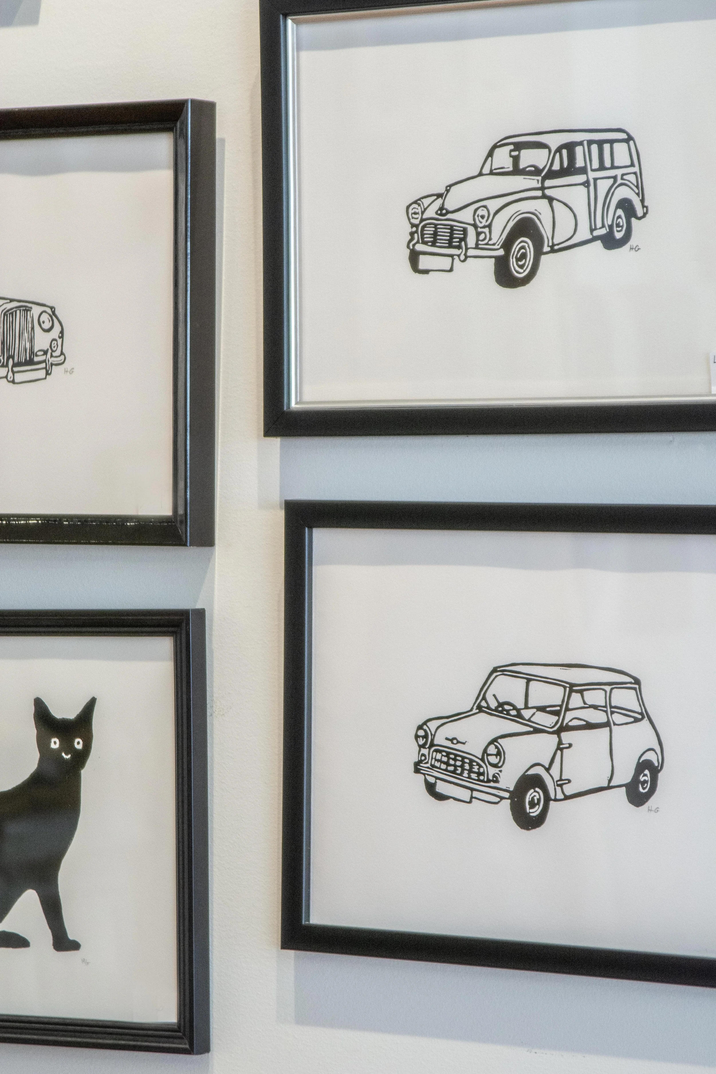 Original prints by Hugo Guinness, known for his distinctive hand-cut, graphic style. Each piece reflects a balance of wit, simplicity, and bold composition.