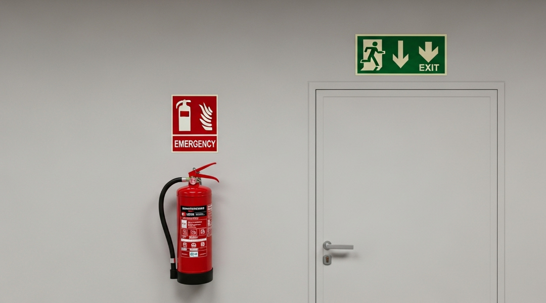Fire extinguisher and emergency exit in commercial building