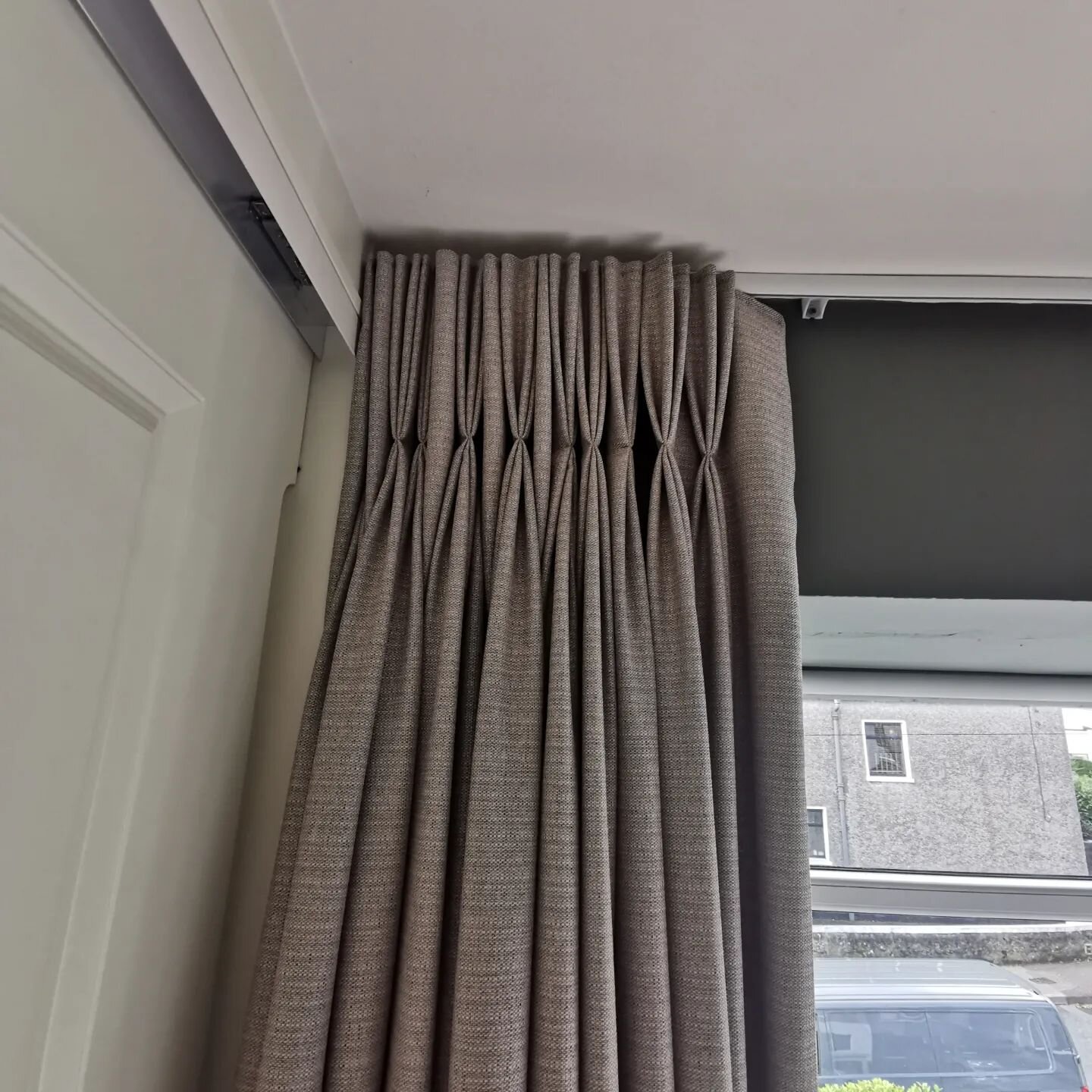 Beautifully made triple pinch pleat curtains fitted to our hotel quality tracks. Once the track is fitted we supply the correct witdhs and drops needed to pass on to your curtain maker.