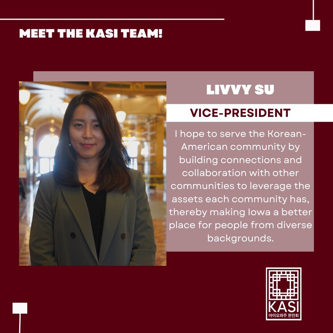 Meet our Vice-President!

Livvy Han will serve as KASI Vice-President from May 2022 to December 2024. She is a program manager at a local nonprofit, EMBARC, supporting refugees and immigrants across Iowa. Before Livvy joined EMBARC, she worked as a G