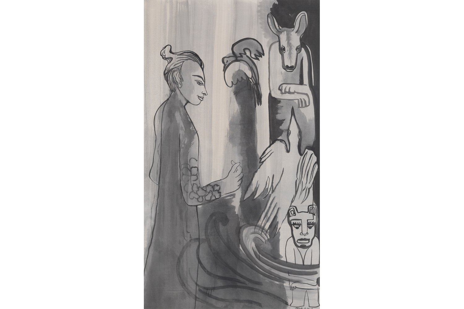 Jared FitzGerald, Figures II, 2013 Ink on silk, 43 x 25 inches 111.5 x 64 cm
