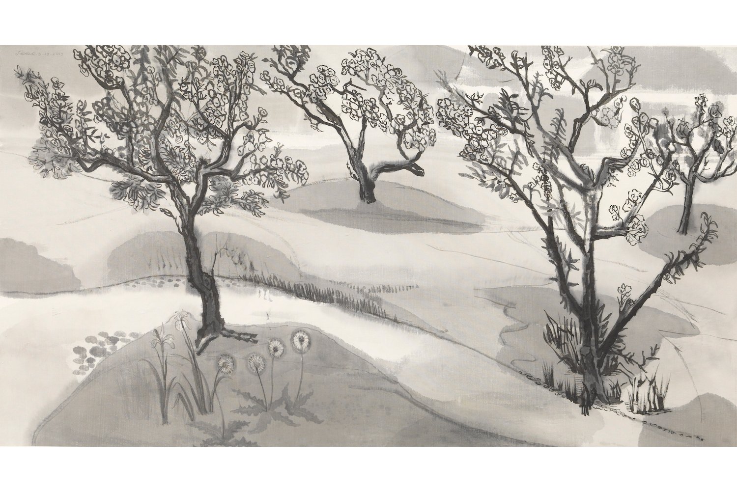 Jared FitzGerald, Landscape (Orchard), 2013 Ink on silk, 43 3/8 x 23 5/8 inches, 110 x 60 cm