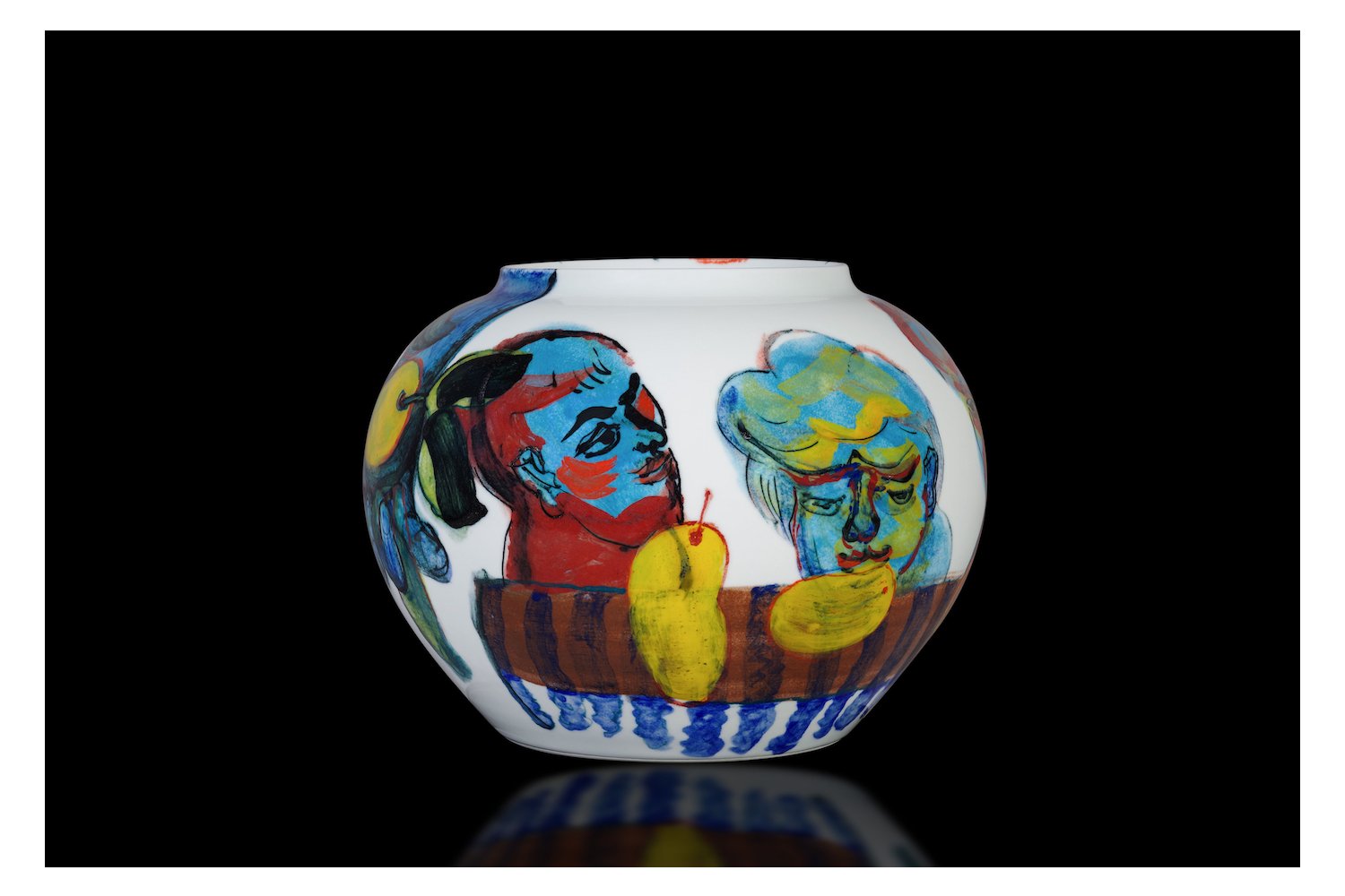 Jared FitzGerald, Eating Mango II, 2019, Over-glaze on Porcelain Pot, Height: 9.06 in. (23.02 cm)
, Width: 11.61 in. (29.49 cm)