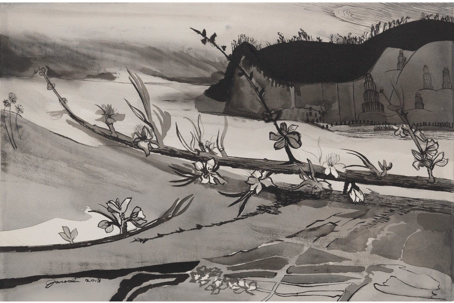 Jared FitzGerald, Landscape, 2013, Ink on silk, 22 x 15 inches 56 x 38 cm