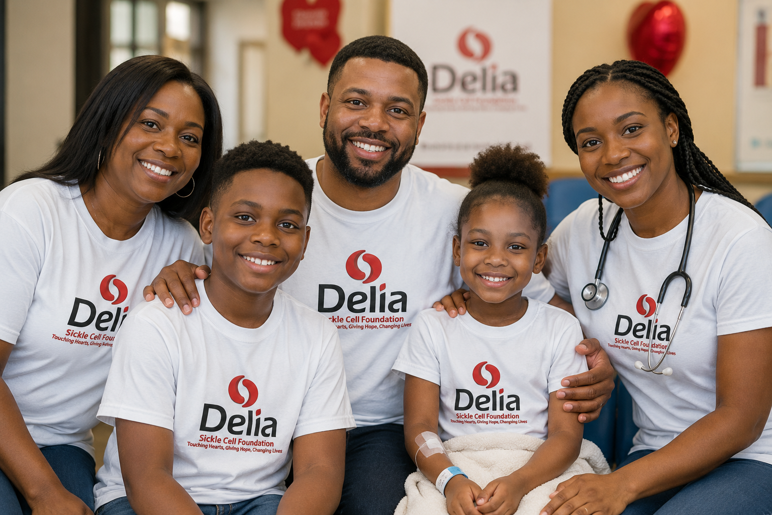 Family, patient, caregiver, and healthcare professional wearing Delia Sickle Cell Foundation shirts to support individuals living with sickle cell disease.