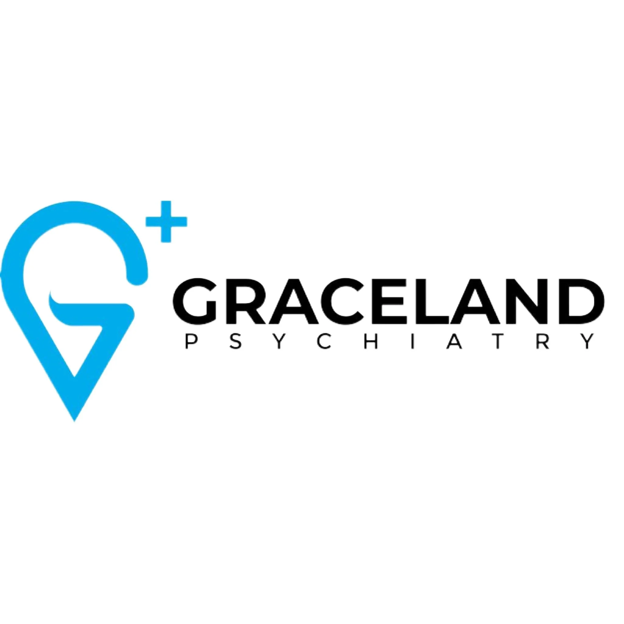 Logo for Graceland Psychiatory featuring a stylized blue map pin with a plus sign, and the text 'GRACELAND PSYCHIATRY' in black and blue.
