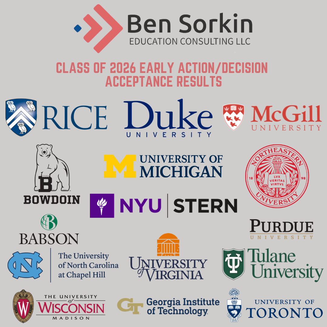 Acceptance results announcement for the Class of 2026 Early Action/Decision, listing logos of various universities including Rice, Duke, McGill, Michigan, Bowdoin, NYU, Stern, Babson, UNC Chapel Hill, University of Virginia, Tulane, Wisconsin, Georgi