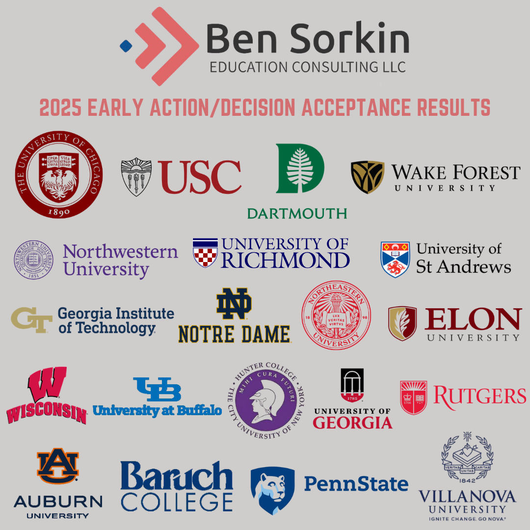 A digital graphic showing early action/decision acceptance results from various universities for 2025, with logos of universities including University of Chicago, USC, Dartmouth, Wake Forest, Northwestern University, University of Richmond, Universit