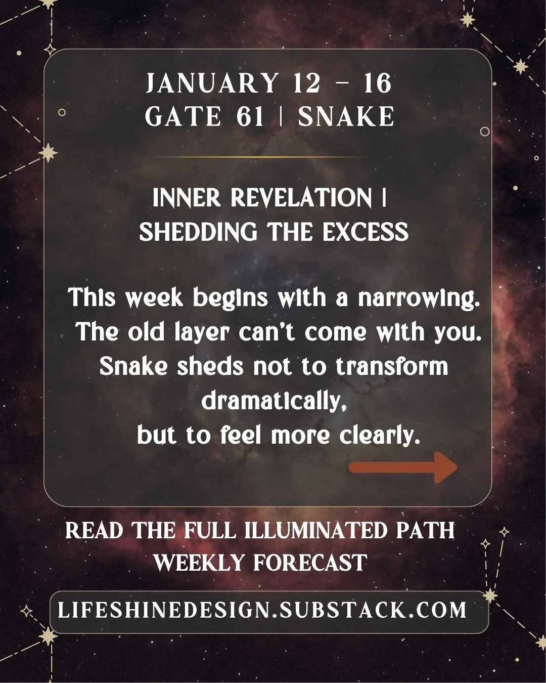 This is a week for shedding, not striving. 

Let what&rsquo;s outdated fall away, so what&rsquo;s true can breathe.

𖧶 Read the full Illuminated Path Weekly Forecast &rarr; link in bio