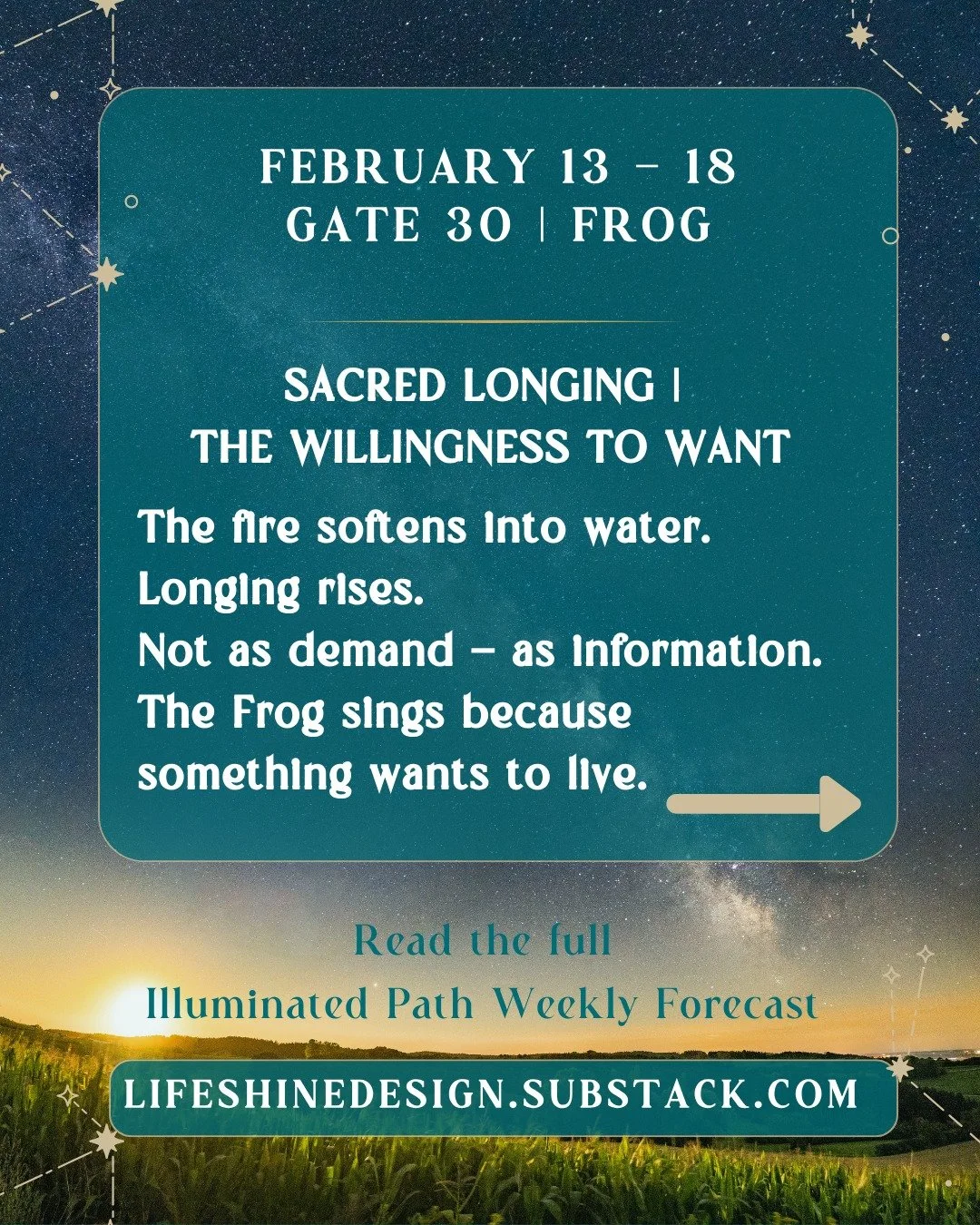 If the Phoenix teaches us how to end cycles, the Frog teaches us how to want again.

Longing isn&rsquo;t a problem - it&rsquo;s information about what wants to live.

𖦹 See the forecast in my Substack (link in bio).