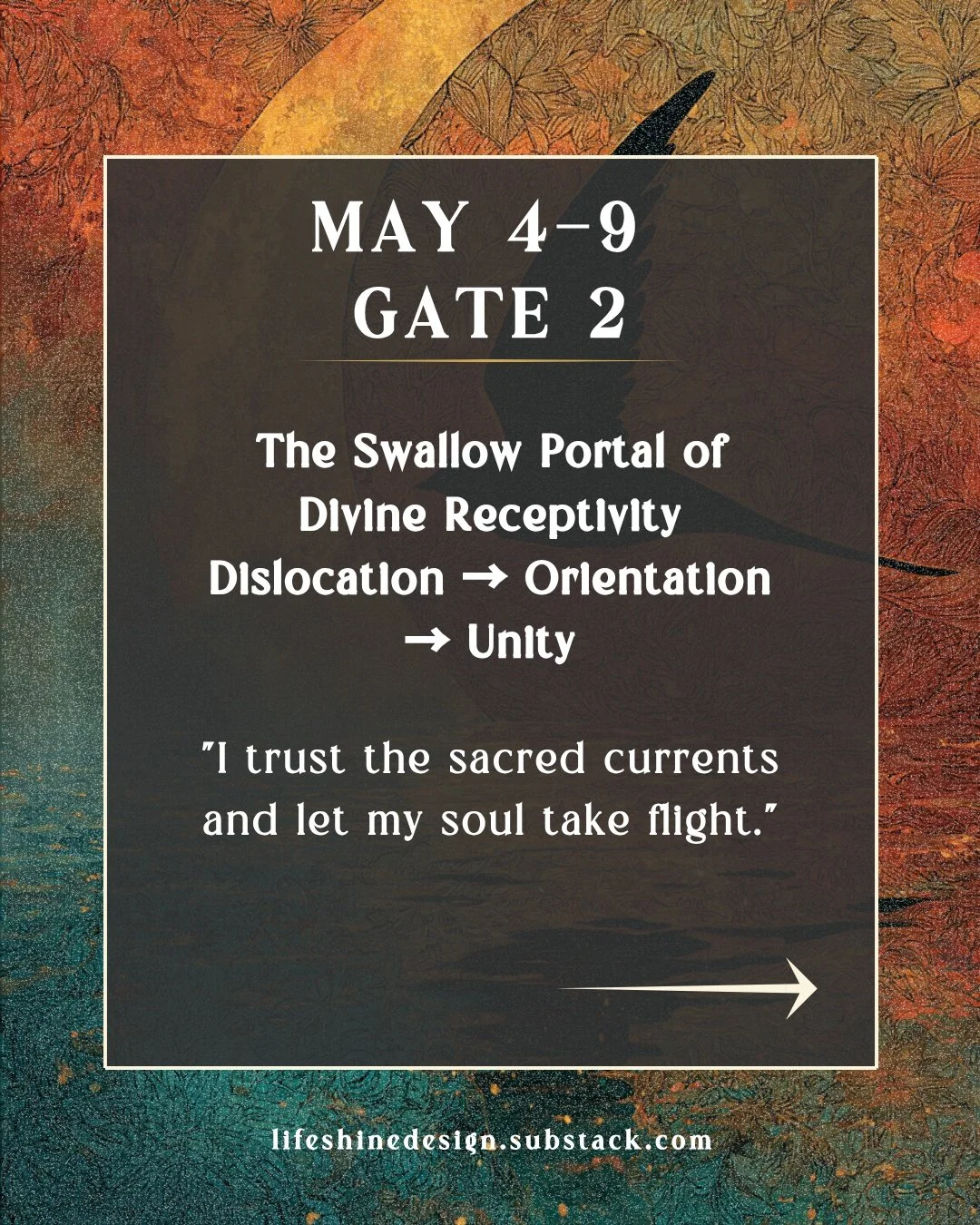 This week the sky is asking something quietly countercultural of you.

Stop pushing. Stop managing. Stop performing your way through.

Gate 2 &mdash; the Swallow &mdash; is the portal of divine receptivity. The inner compass. The yin force that does 