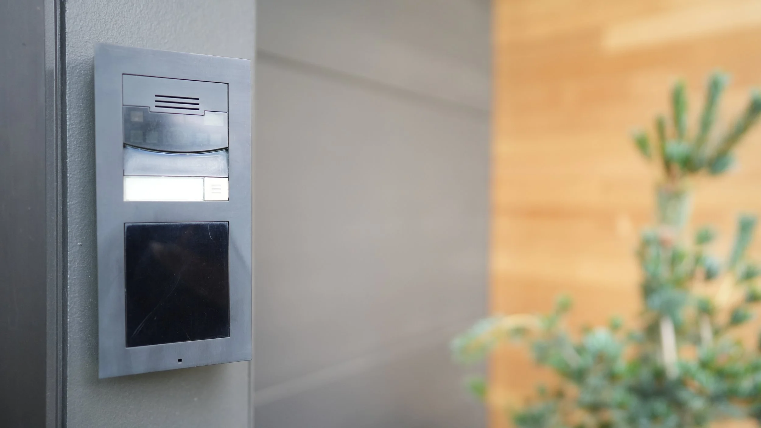 Doorbell camera with a speaker and video screen mounted on a wall, with a blurred plant and wall background.