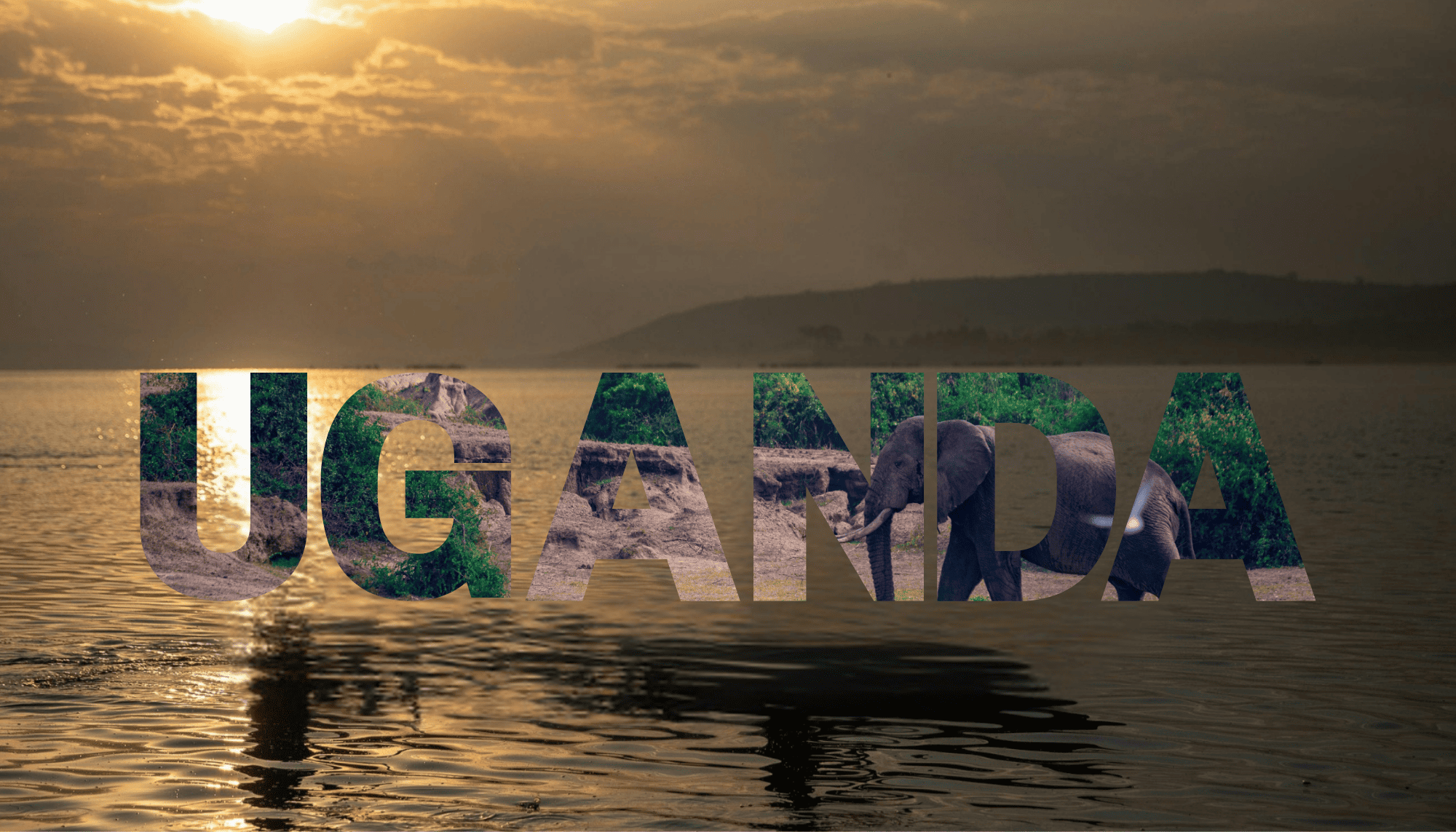 Sunset over a body of water with the word 'UGANDA' cut out, showing a scene of greenery, rocks, and an elephant inside the letters.