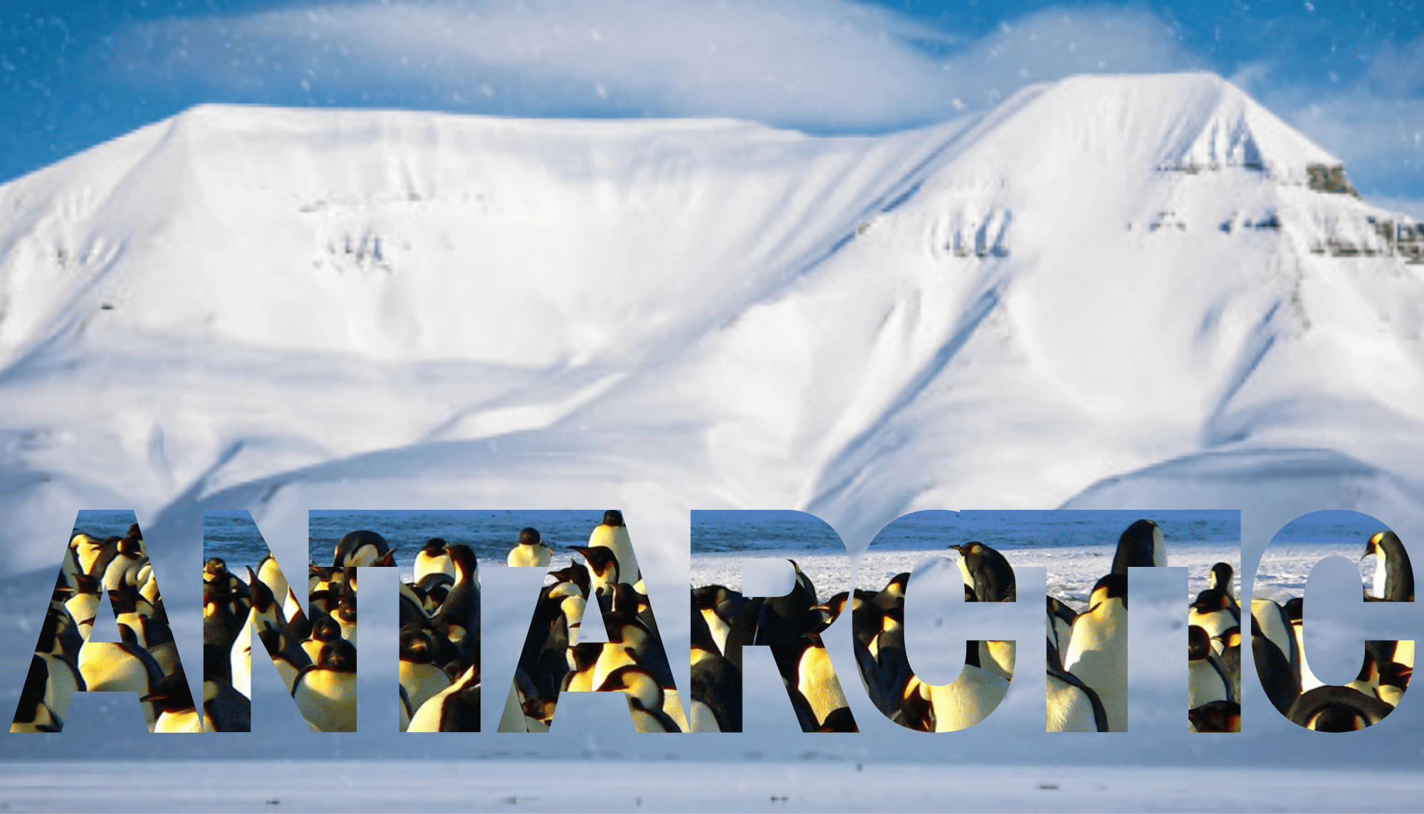 A large iceberg with the word 'ANTARCTIC' in big letters at the bottom, filled with penguins on an icy landscape, under a blue sky.