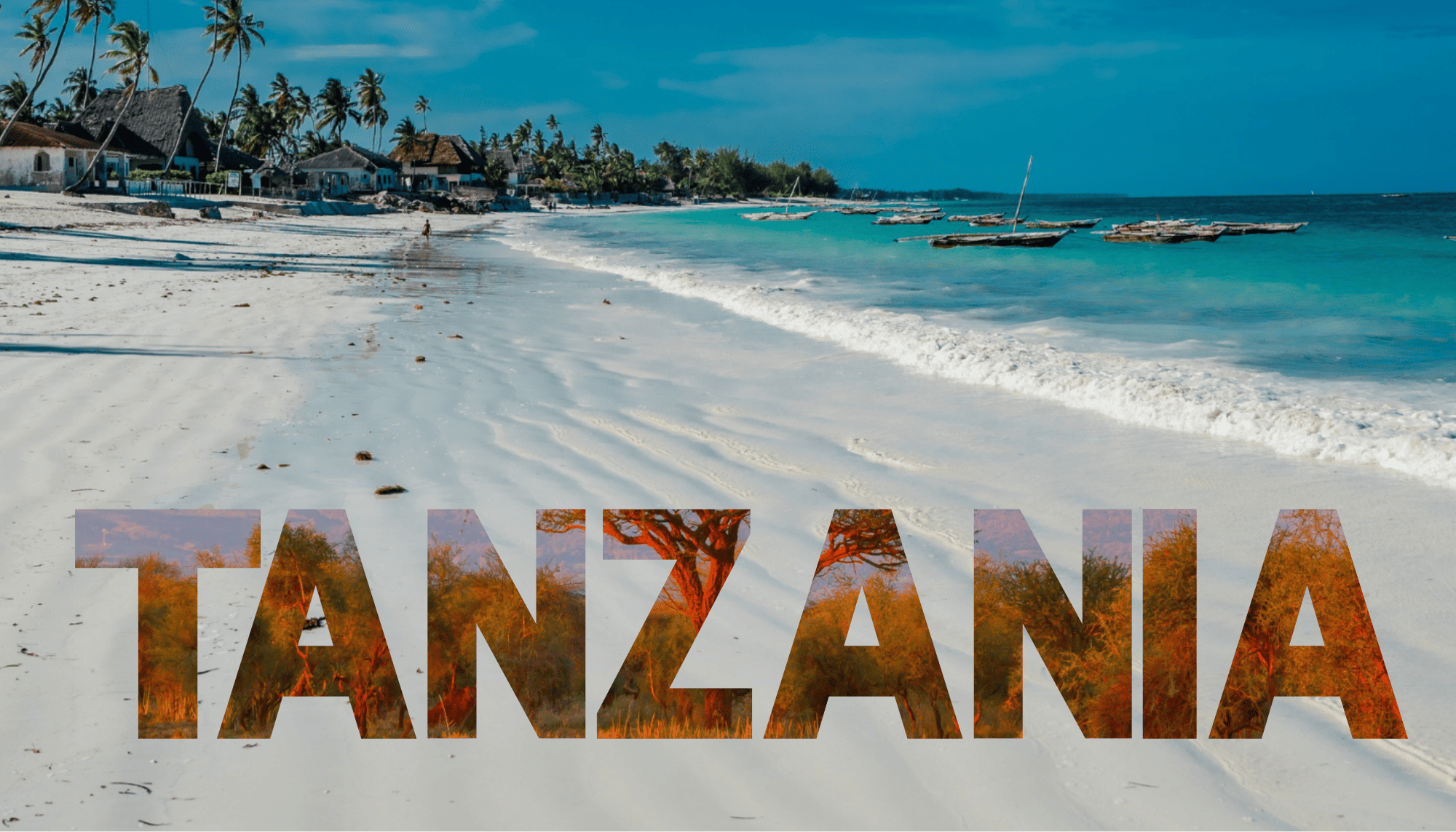 Tanzanian beach with white sand, palm trees, boats on turquoise water, and a blue sky, with the word 'Tanzania' in large letters across the bottom.