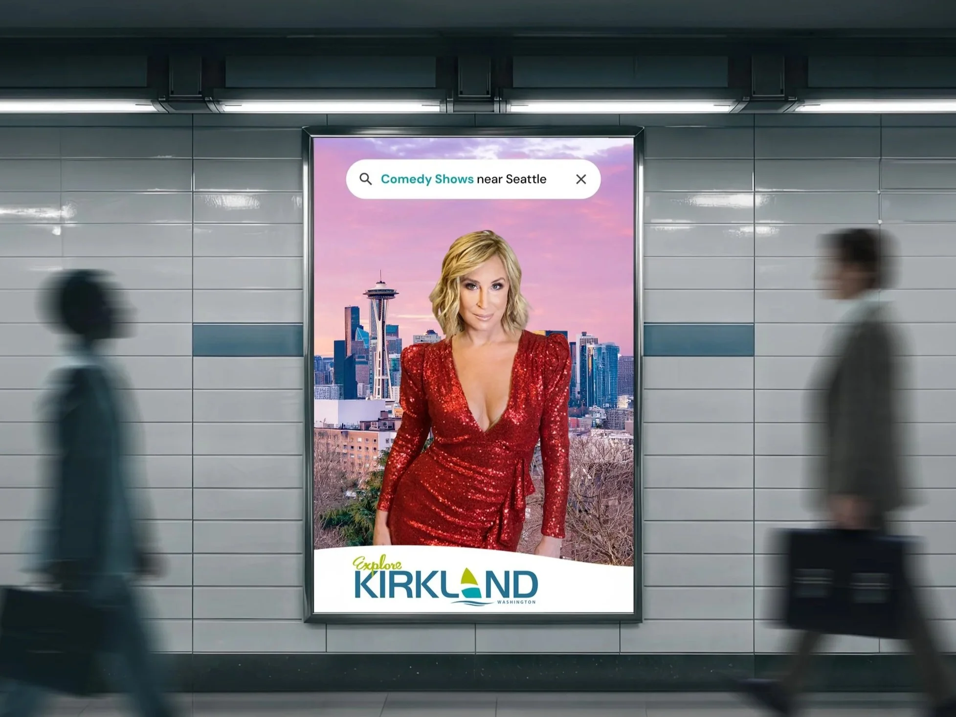 Digital advertisement for exploring Kirkland, Washington, featuring a woman in a red dress, with the Seattle city skyline in the background.