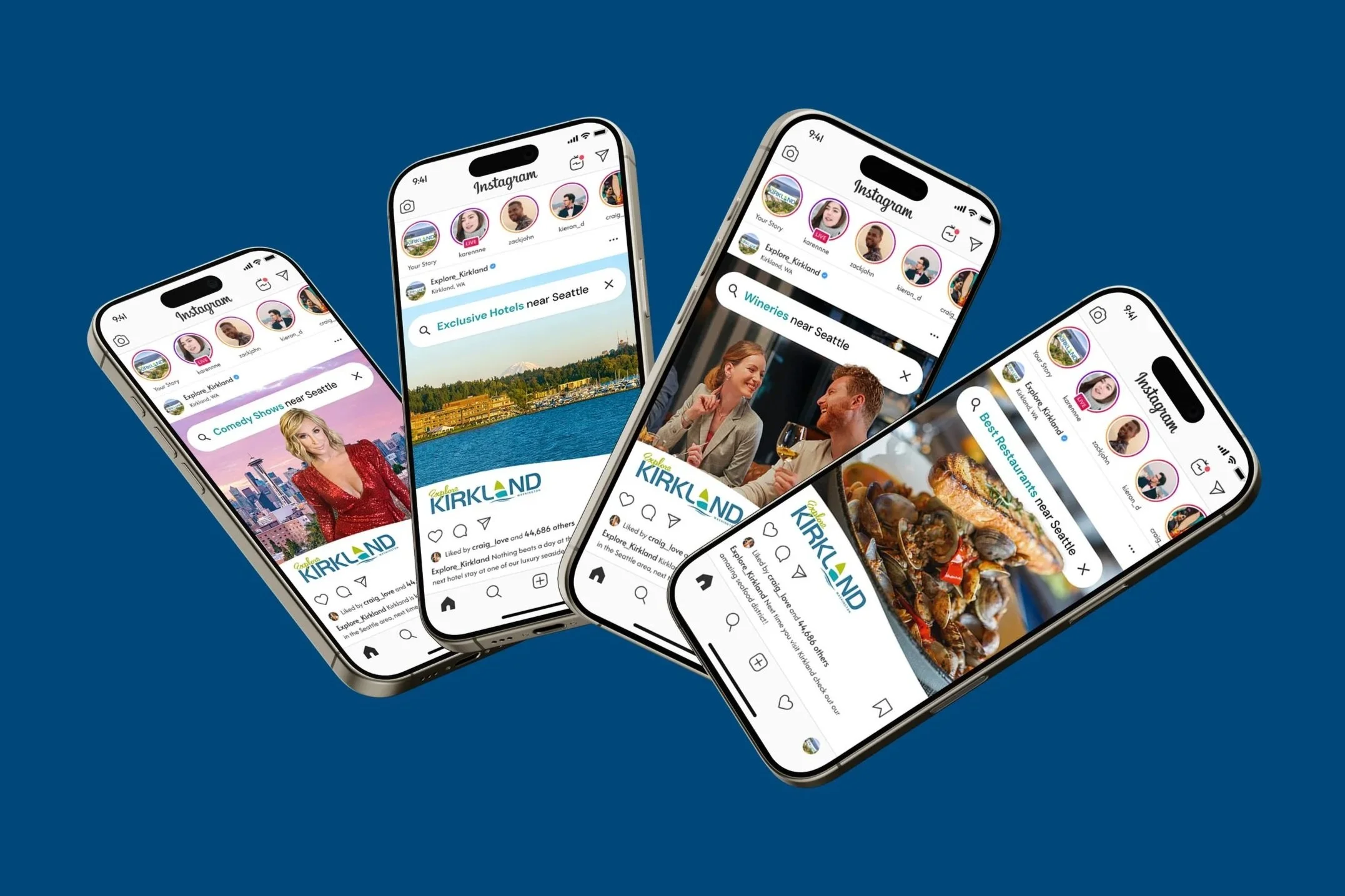 Five smartphones displaying Instagram feeds with various posts, with a blue background.