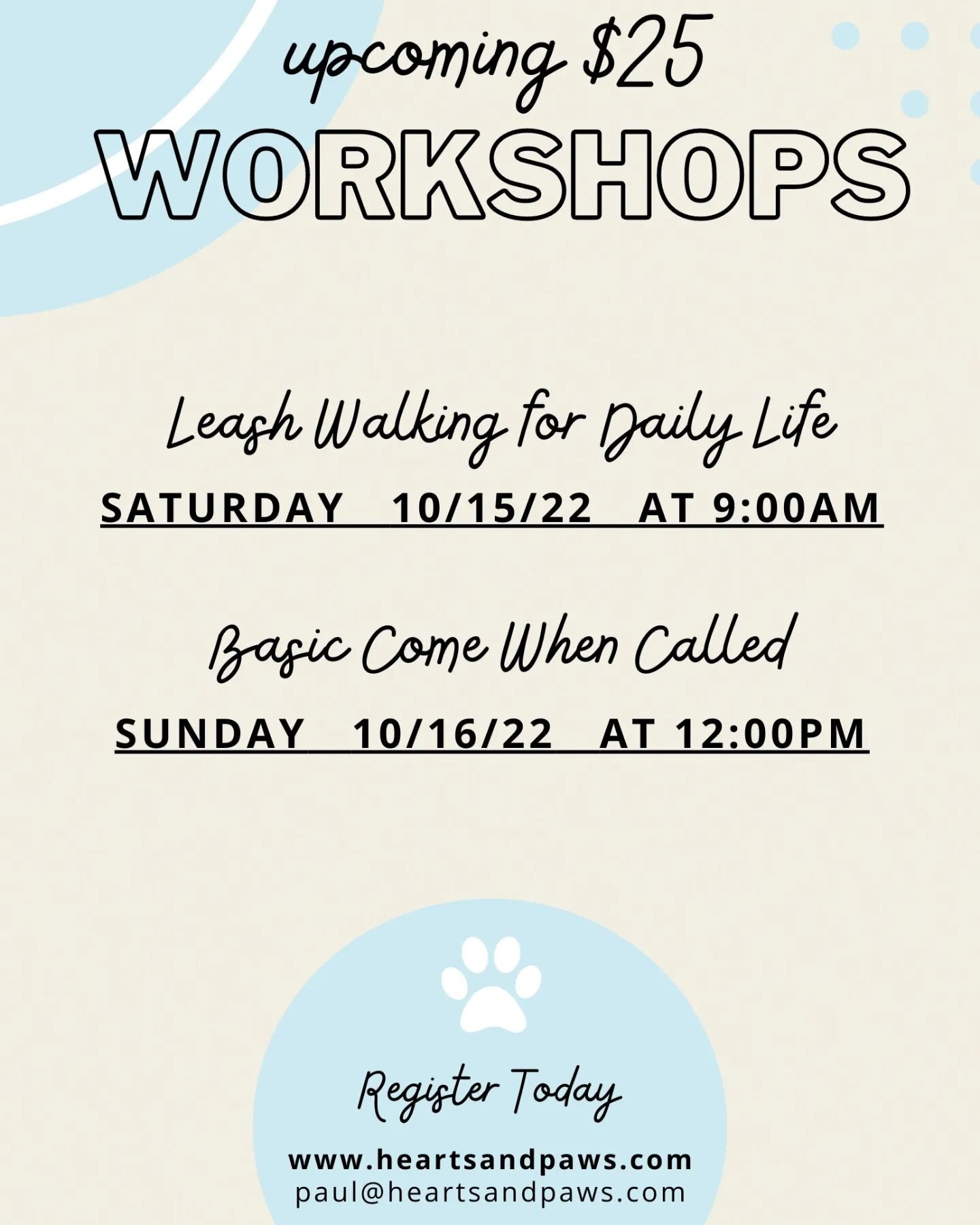 Hey there, pet parents!🐶
Are you looking to advance your leash walking skills? Need to know how to build a reliable recall?
Look no further- our $25 weekend workshops are back and better than ever!
Sign up today to sharpen your pups skills and have 