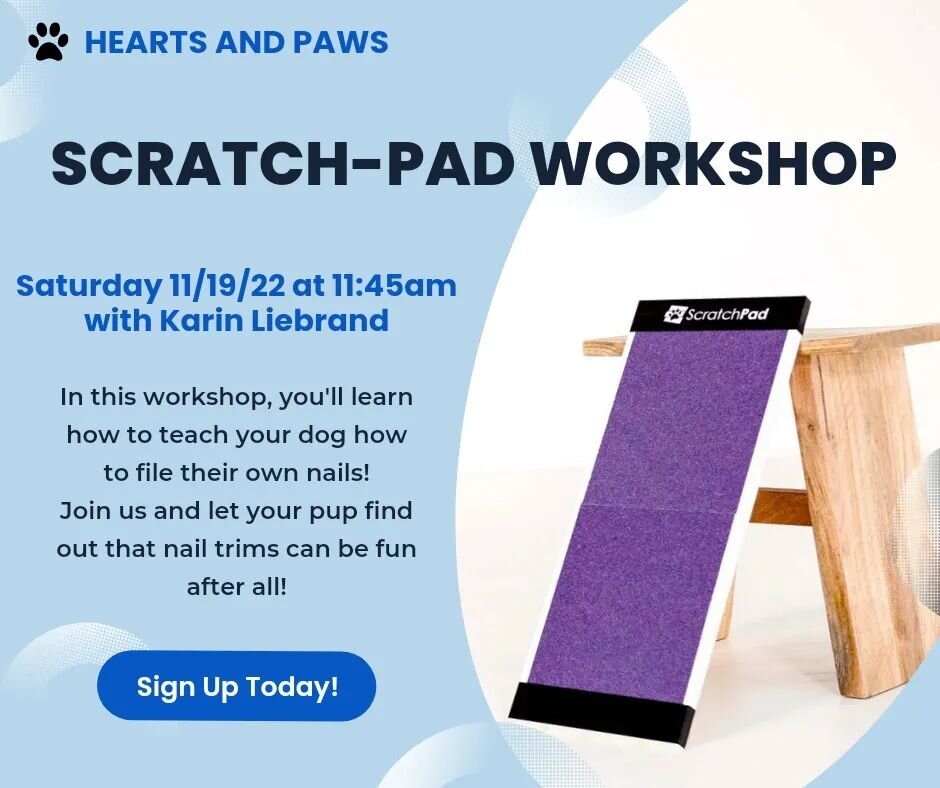 We have a NEW workshop coming this November! Sign up to learn all about how to use the ScratchPad to file your dog's nails.
Let's make nail trims fun!!😁