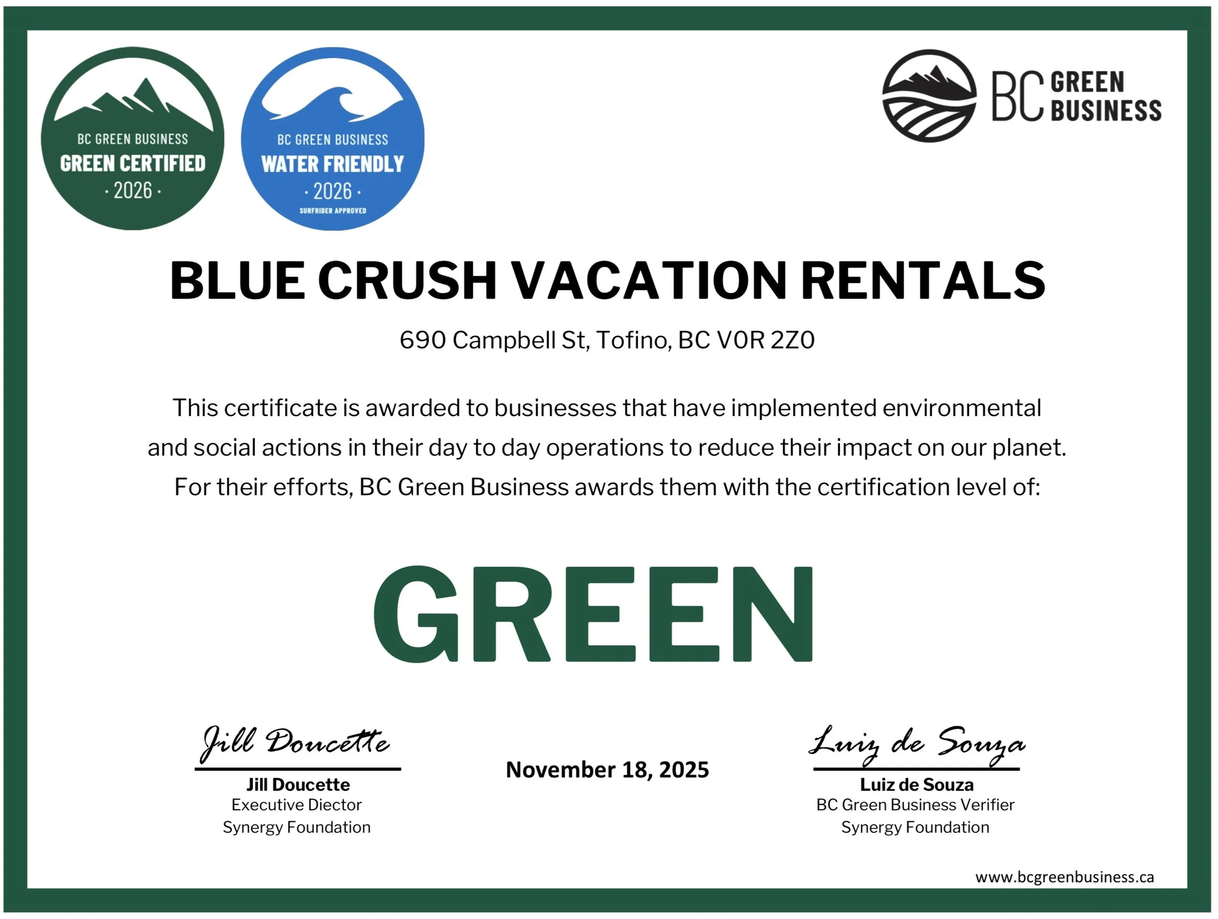 Blue Crush is GREEN Certified!
