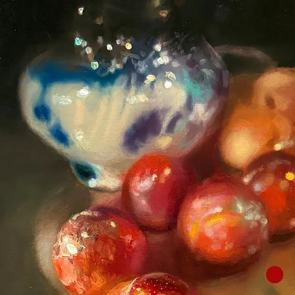 SOLD - Red Plums, Peaches and Flow Blue Pitcher