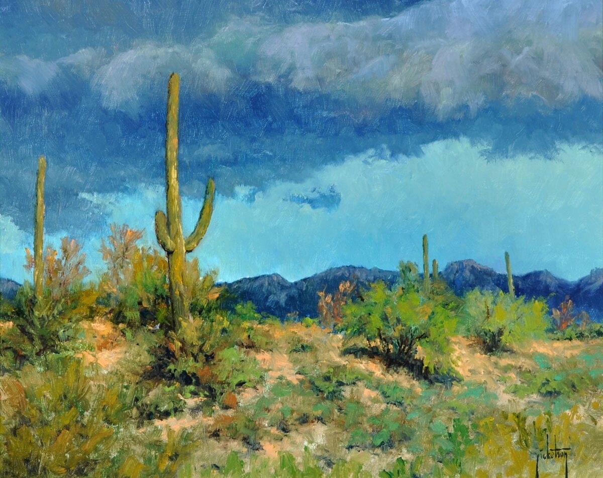 We are loving Jerry Ricketson&rsquo;s newest collection of artwork at Santa Fe Trails including this one,⁠
Promise Of Rain | 16x20 #fineart #southwestart