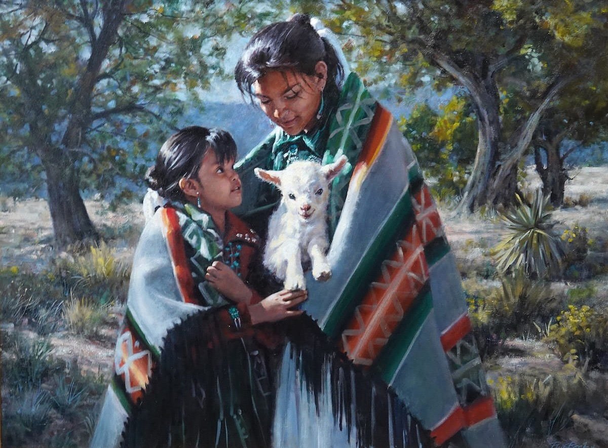 We have a new collection of artwork in from Phil Beck including this beautiful painting | Our New Found Friend | 30x40 | oil⁠
⁠
⁠
#santafetrailsfineart #fineart #artforsale #artcollector #southwestart #nativepainting #artistsoninstagram #artforyourwa