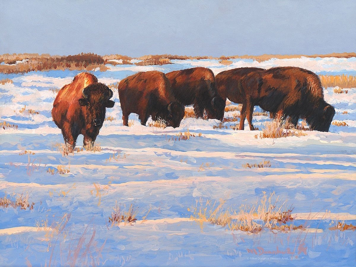 This piece elegantly encapsulates the essence of the season. Mikel Donahue adeptly portrays the beauty of winter in the artwork titled &ldquo;Prairie Winter,&rdquo; measuring 9x12 | acrylic. This piece is currently available at Santa Fe Trails Fine A