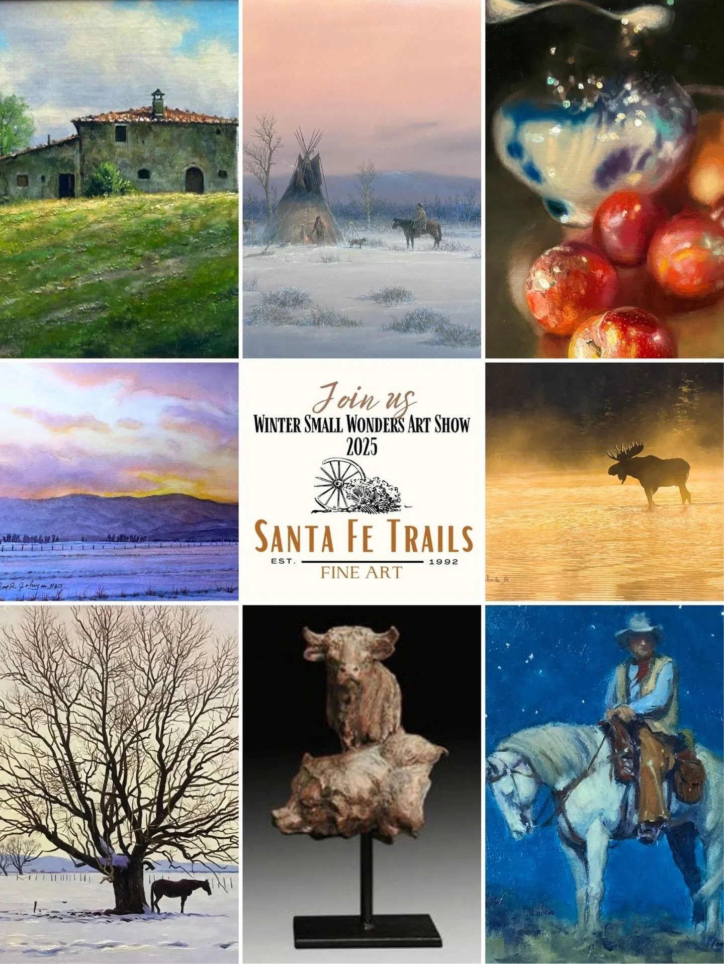 We are excited for the opening reception for our Winter Small Wonders Show happening tomorrow night, December 5th from 5-7pm. Stop by to see smaller works from our gallery artists just in time for the Christmas Season. Join us at Santa Fe Trails Fine