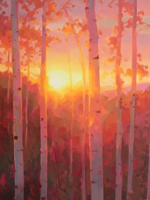 New work by JESSICA GARRETT LAWRENCE | Sunset In The Aspens | 40x20. Stop by and see our beautiful collection of works by Jessica at Santa Fe Trails Fine Art