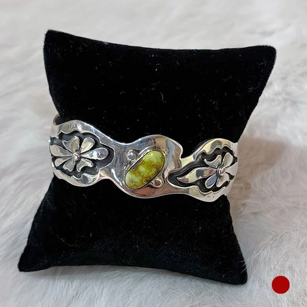 SOLD - #18 Golden Hill Turquoise Silver Cuff With Floral Design