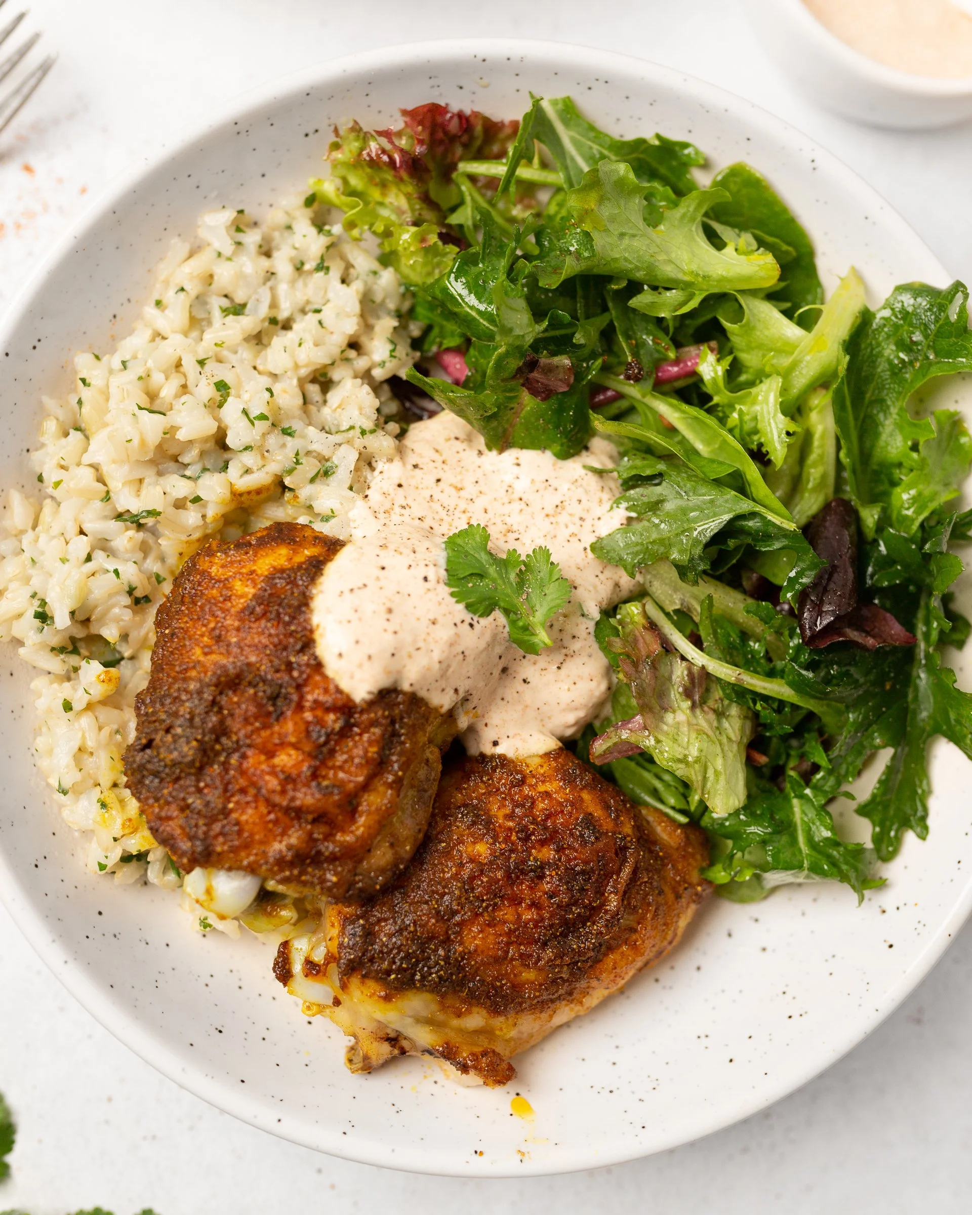 Baked Tandoori Chicken Thighs with Cilantro Rice and Spicy Yogurt