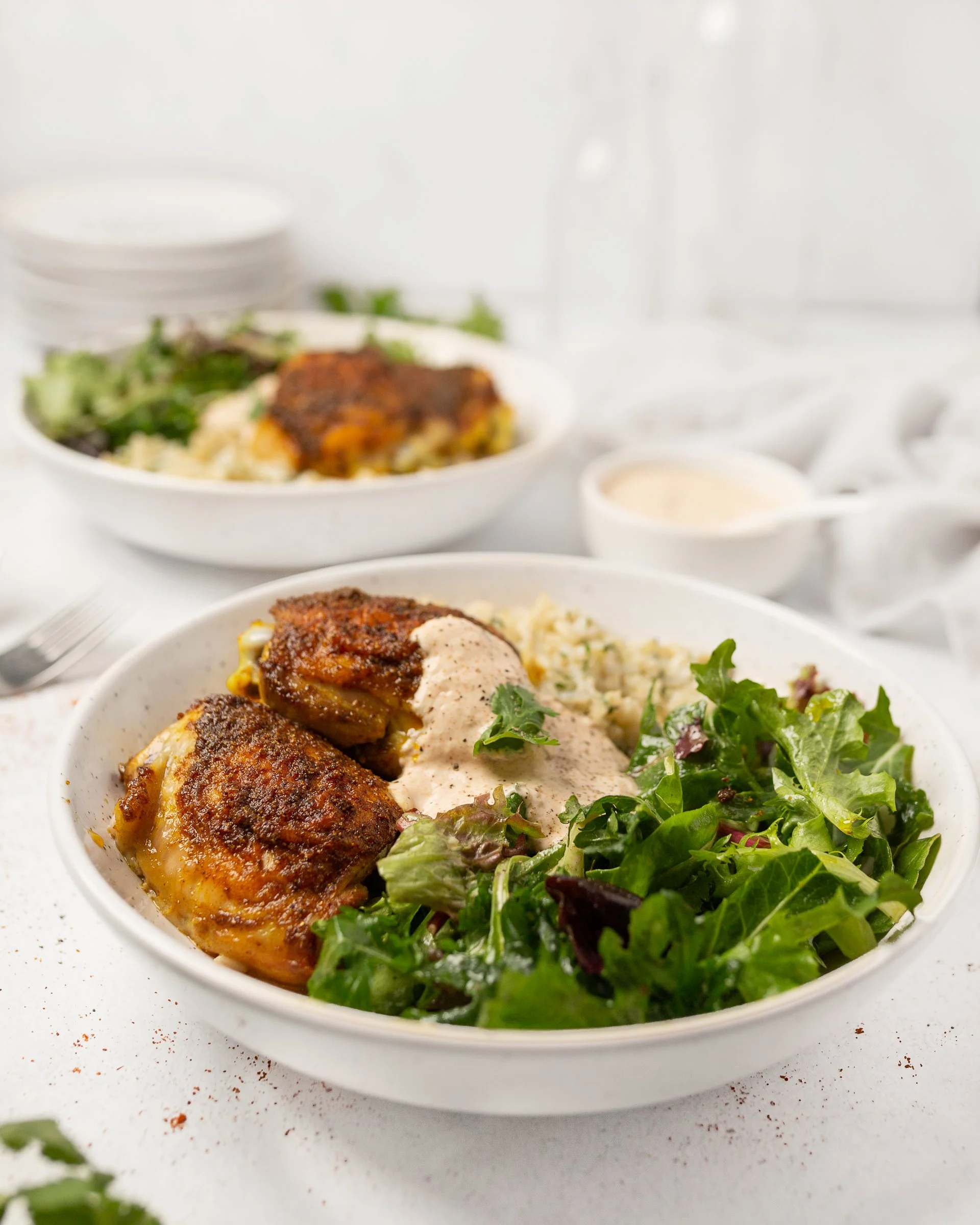 Baked Tandoori Chicken Thighs with Cilantro Rice and Spicy Yogurt
