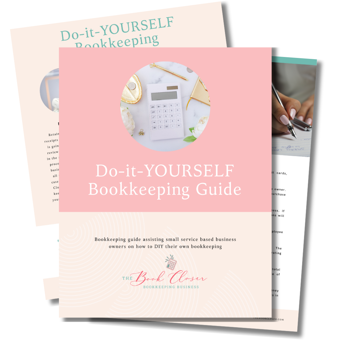 Pink book cover titled 'Do-it-YOURSELF Bookkeeping Guide' with a circular cutout showing a calculator, golden paperclip, decorative items, and white roses on a white surface.