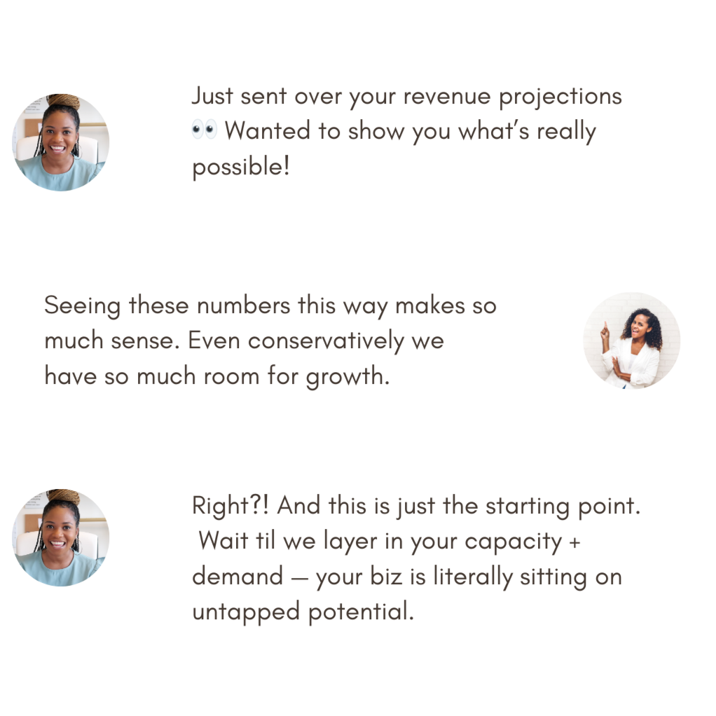 Screenshot of a conversation between two women discussing revenue projections and business growth.