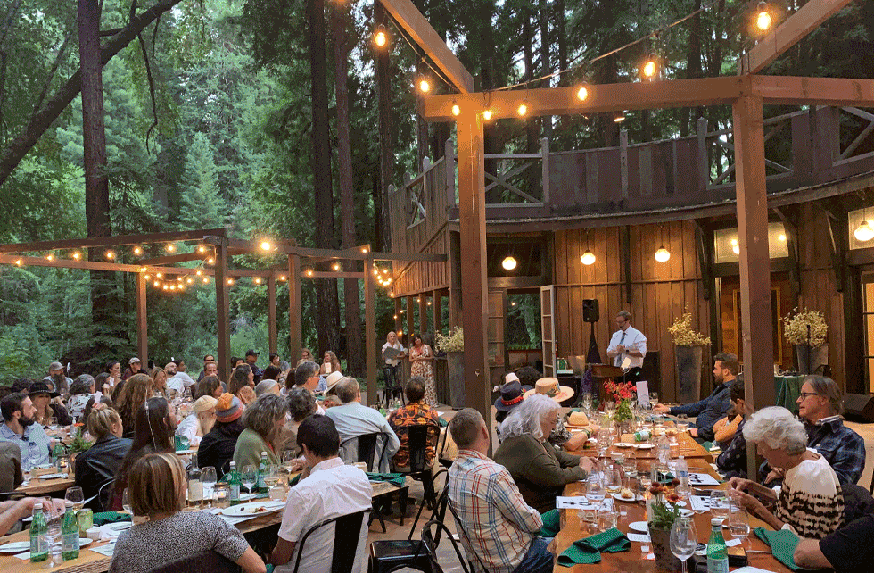 3 images: Sugar Hill Farm in the sunshine; Jamie Evans The Herb Somm, and a gathering of people enjoing excellent food outside at The Brambles