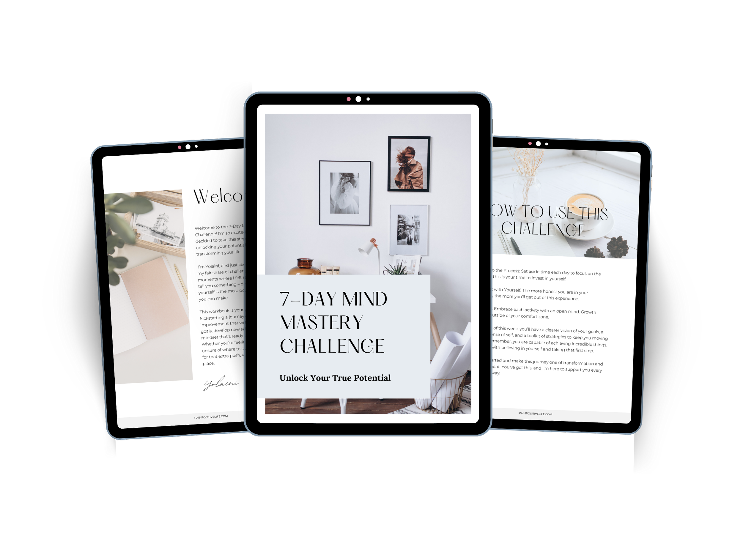 Three tablets displaying different pages of a digital wellness program labeled '7-Day Mind Mastery Challenge' with motivational content and interior decor images.