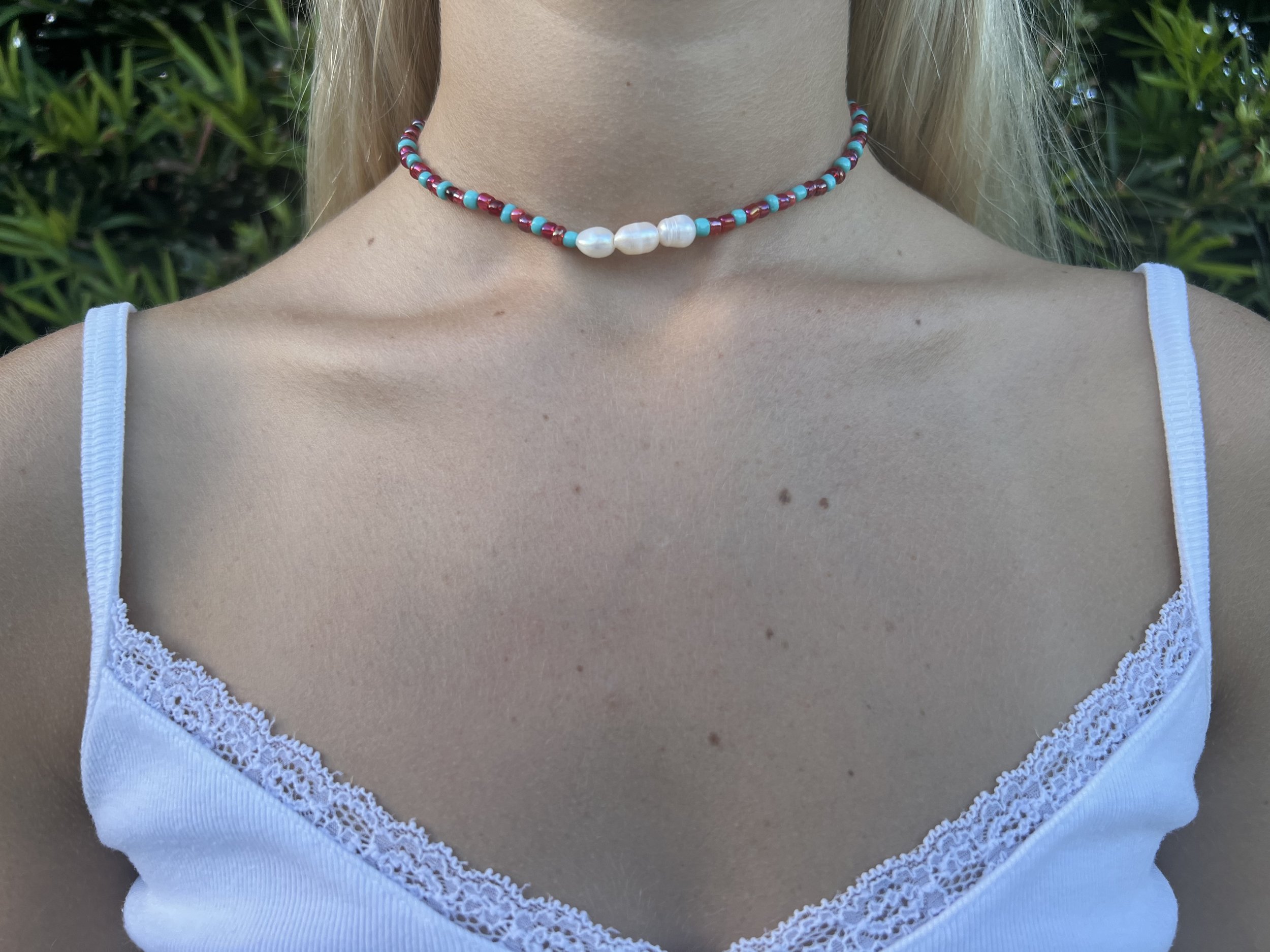 Red and Turquoise Choker With Pearls