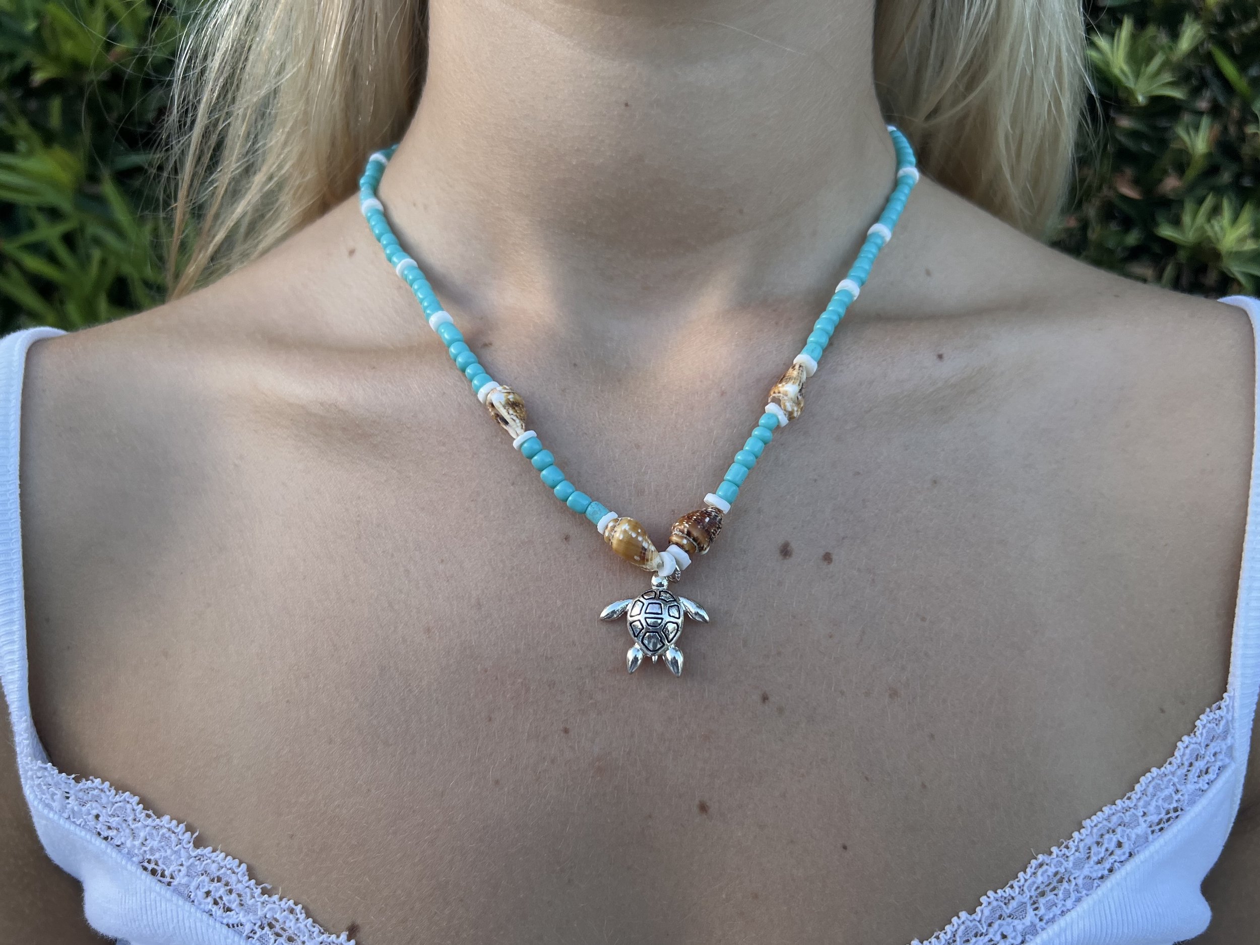 Turquoise Beaded Necklace With Turtle