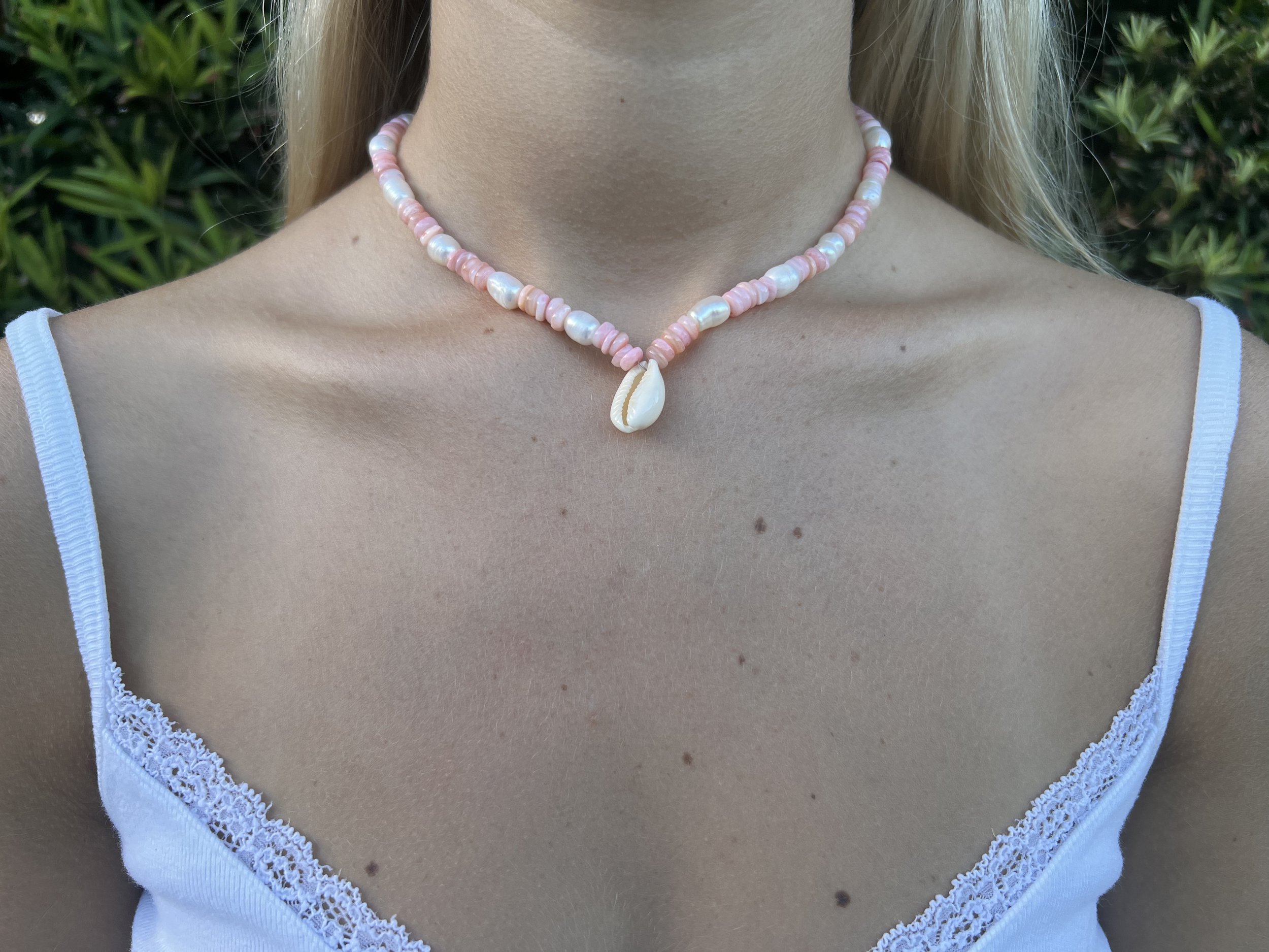 Pink and Pearl Necklace With Cowrie Shell
