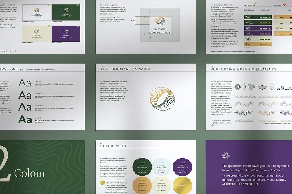 Breath Connection brand guidelines mockup — logo design and visual identity, The Light Arts