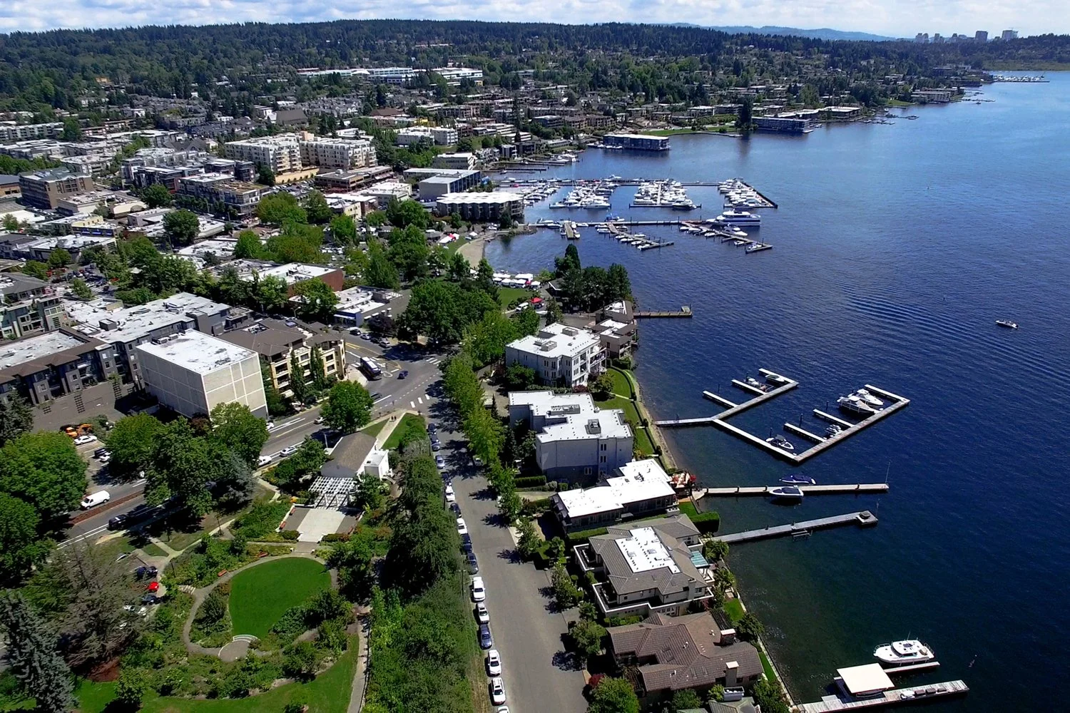 Aerial image of the Kirkland, Washington waterfront at Lake Washington