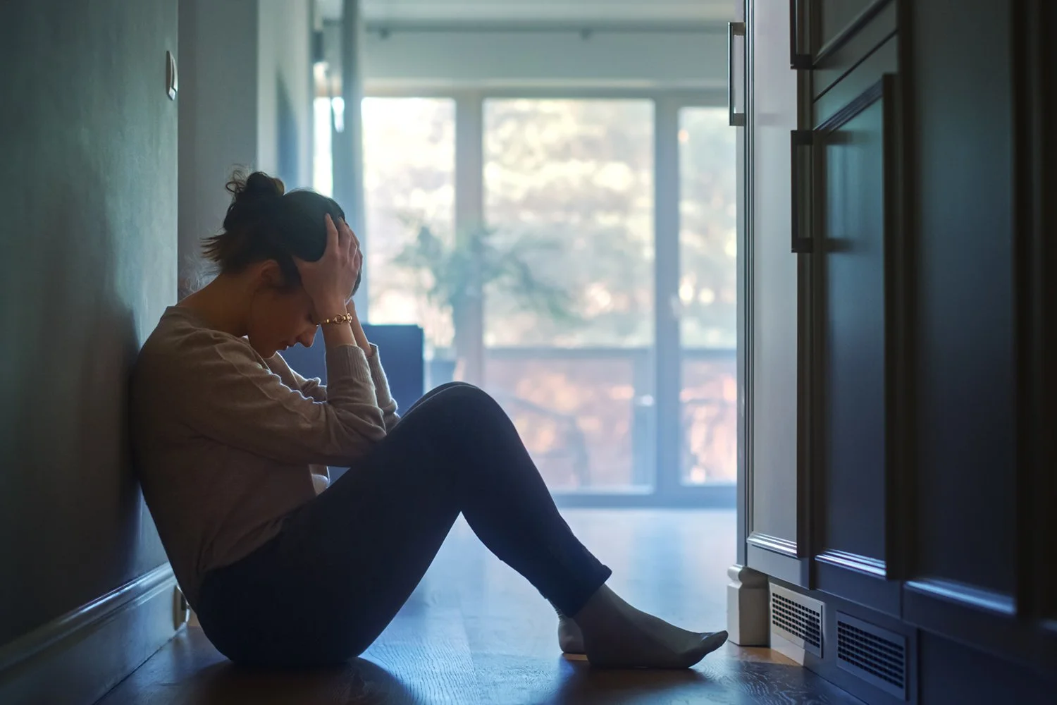 Depressed woman sitting on the floor in her home with her head in her hands
