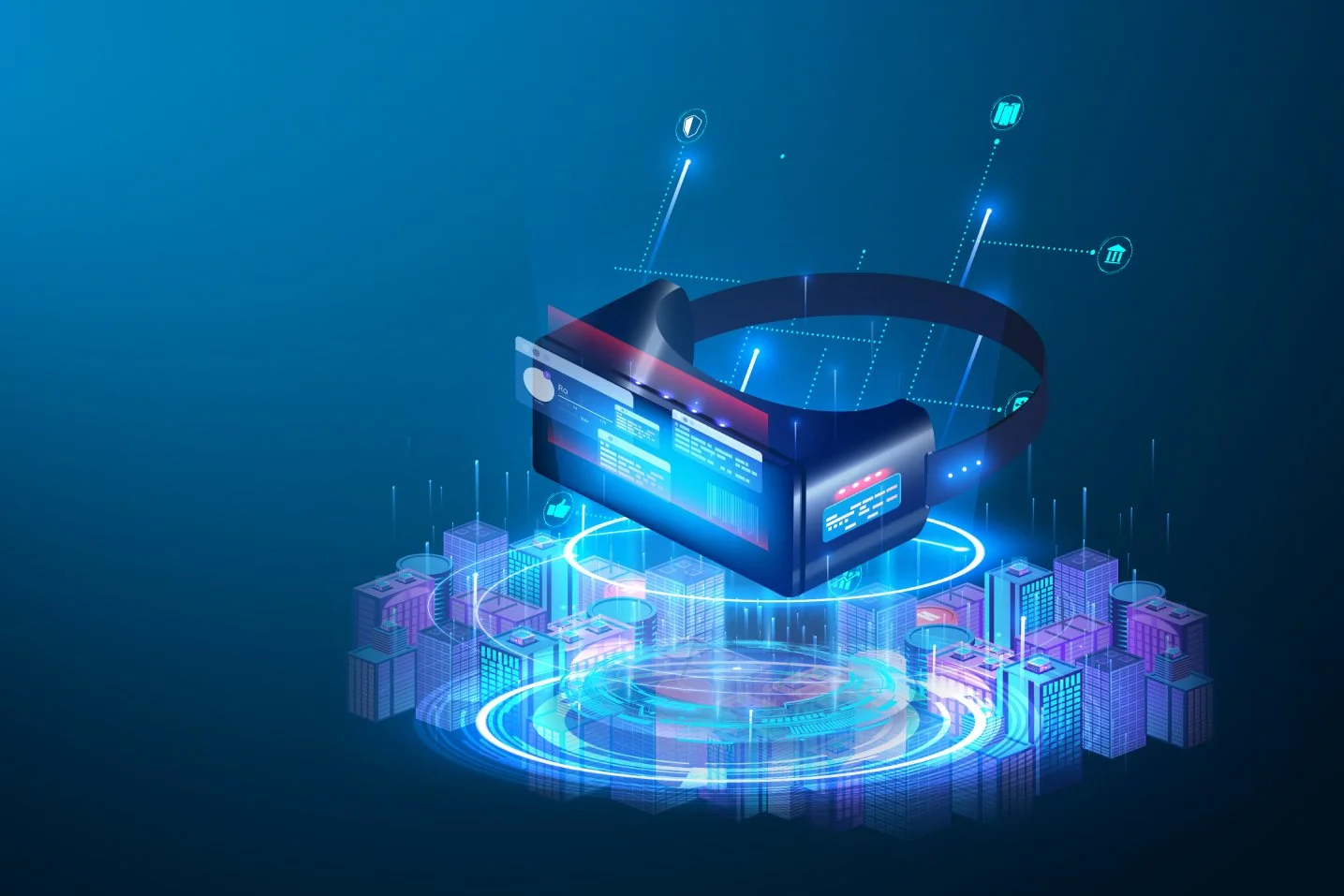 Illustration depicting a virtual reality headset over a city.