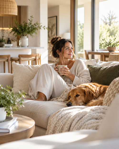 Woman relaxing in her new home